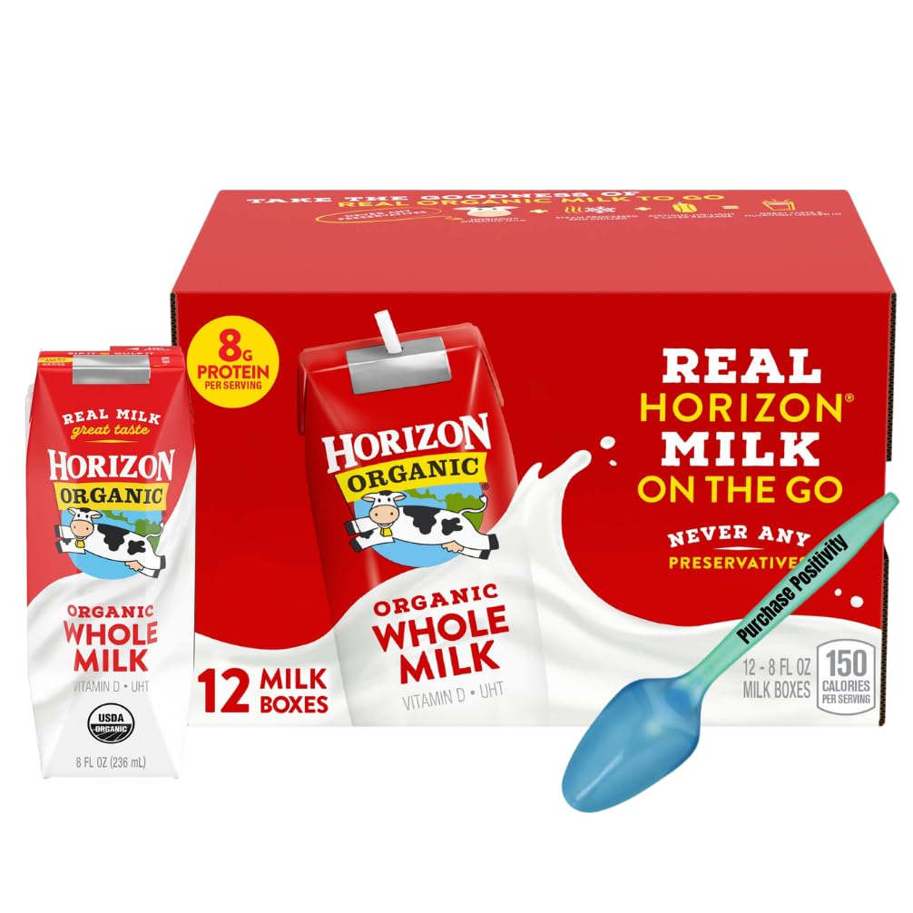 Horizon Milk Boxes for Kids, Horizon White Milk, 8 oz. boxes, 18 pack, Horizon Milk Organic with Purchase Positivity Spoon, Shelf Stable Milk, Great for School Lunches