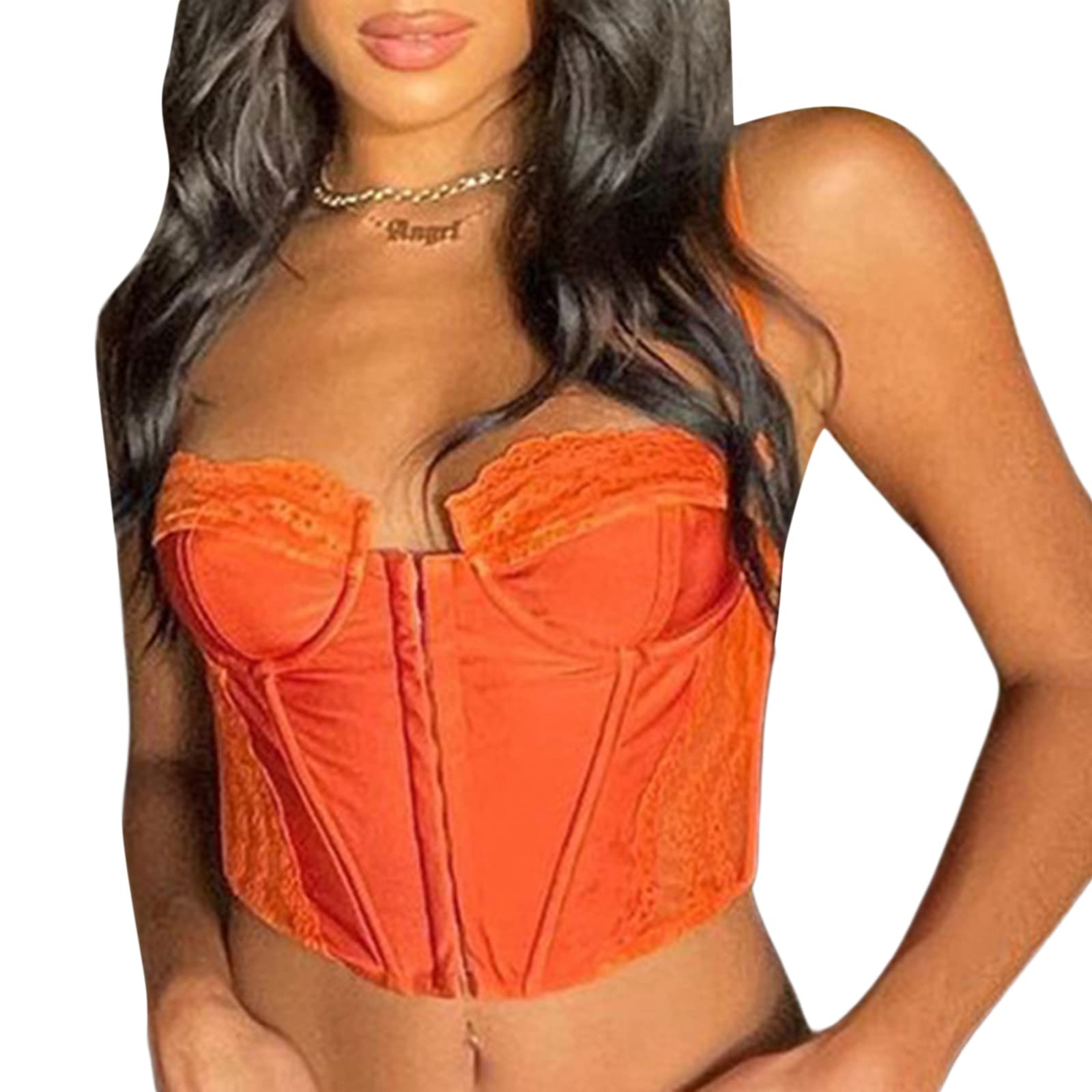 Women's Sexy Lace Corset Crop Top Y2K Sleeveless Spaghetti Strap Cami Tanks Push Up Bustiers Corsets Clubwear |A-Orange |S-image-42