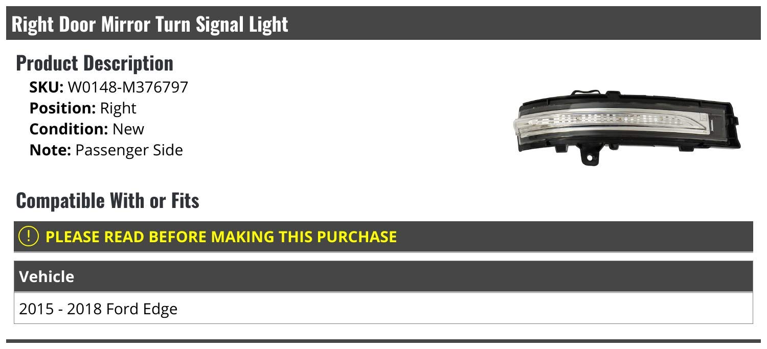 Marketplace Auto Parts Right Passenger Side Door Mirror Turn Signal Light - Compatible with 2015-2018 Ford Edge