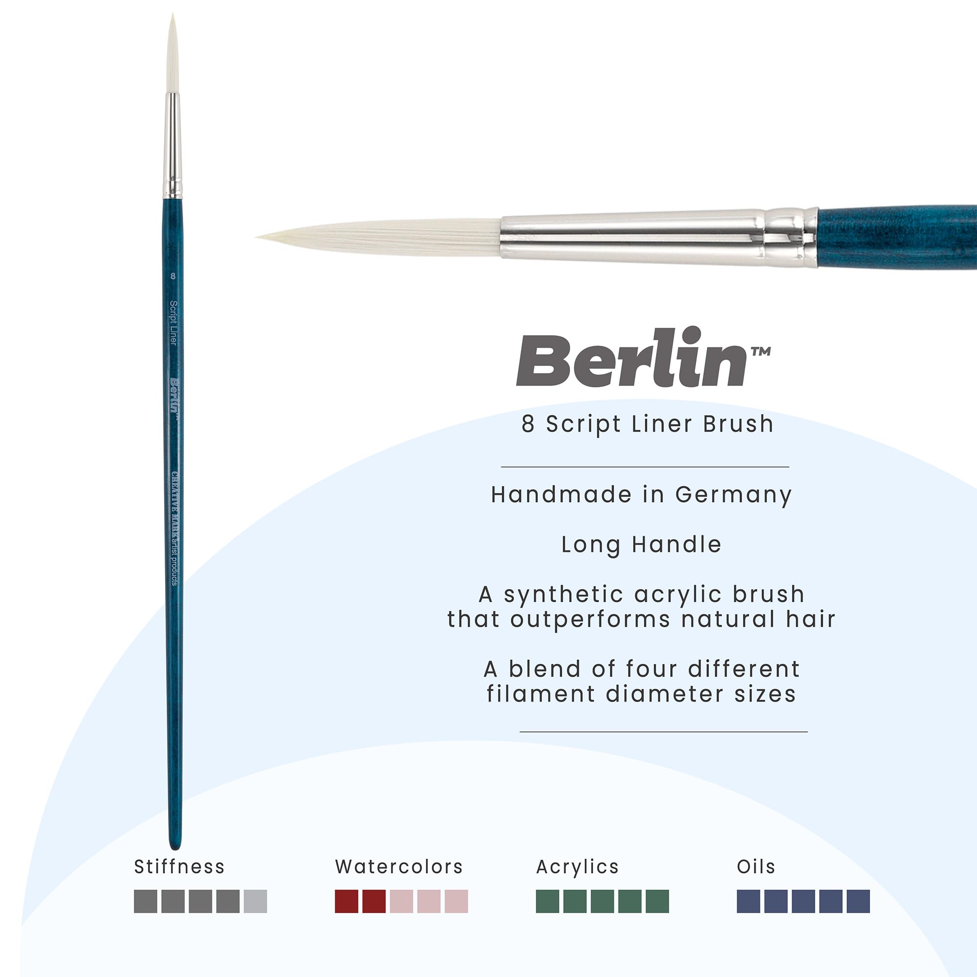Creative Mark Berlin Synthetic Long Handle Artist Brush - Script Liner # 8 - Handmade in Germany Art Paint Brush w/Synthetic Filament for Acrylics, Oils, Alkyds - Art Brush w/Sustainable Wood Handle