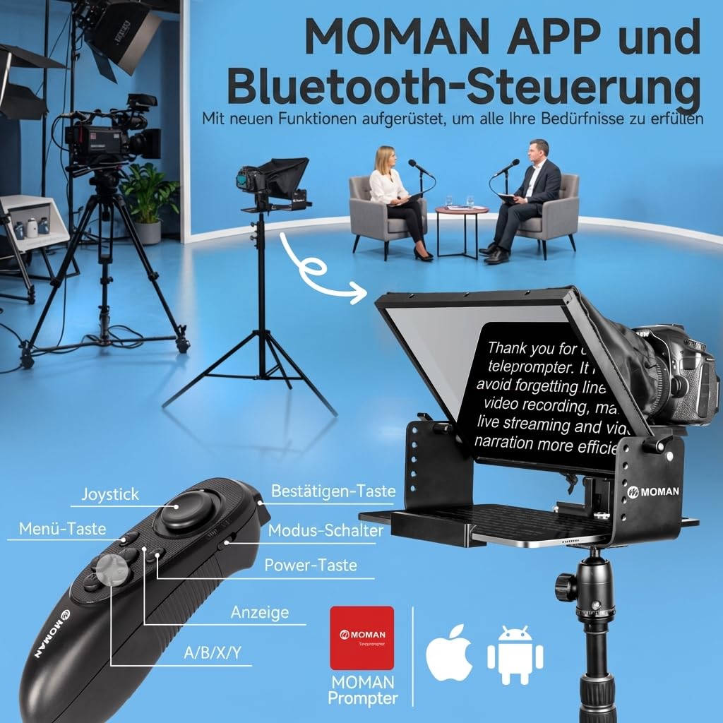 Moman MT12 telepromter 12,9 Zoll mit Fernbedienungs-App und Fernbedienung, Verstellbarer Ständer - Kompatibel mit iPad, Phone, Tablets, Smartphones, DSLR-Kameras und Camcordern
