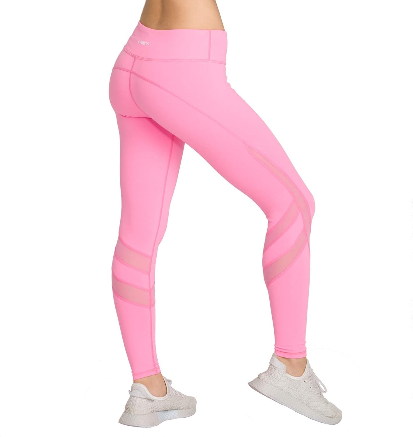 Women Yoga Pants Mesh Workout Gym Running Leggings Inner Pocket Non See Through Pink