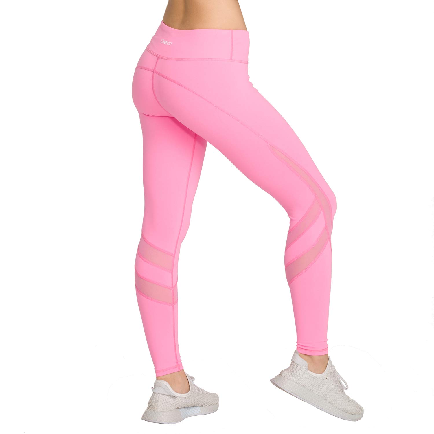 Women Yoga Pants Mesh Workout Gym Running Leggings Inner Pocket Non See Through Pink