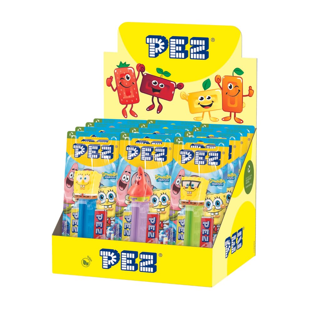 PEZSpongeBob SquarePants Sweet Dispensers, Strawberry & Lemon Flavoured, Multipack of 12 (2 x Refill Pack Per Dispenser)