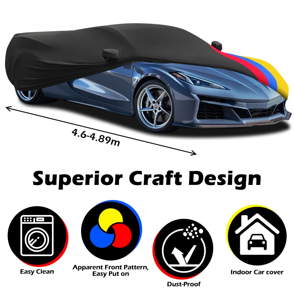 Housses pour Auto de Sport Intérieur Complète Bâche, Tissu élastique, Respirant Anti-Poussière et Anti-Rayures pour Le Garage Souterrain/Auto Show, L4.5~4.85M, Noir+Contraste de Couleurs