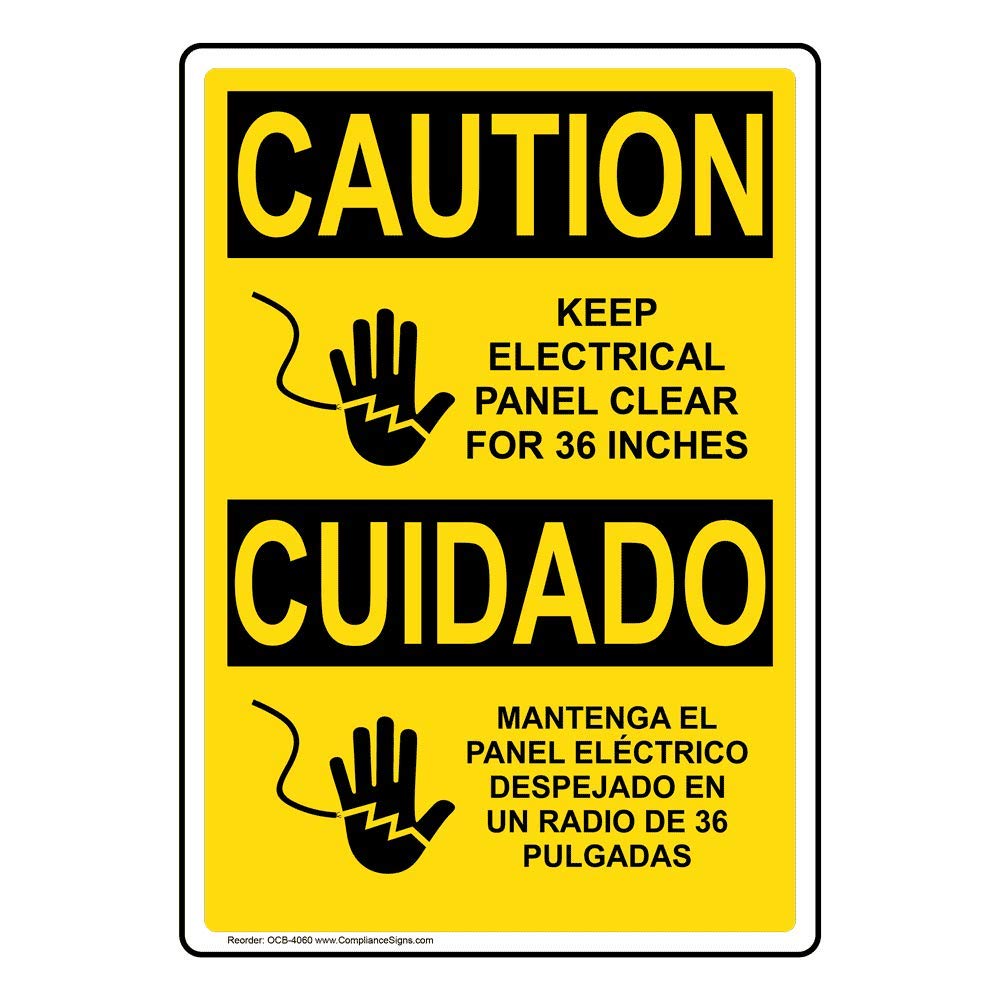 ComplianceSigns.com CAUTION Keep Electrical Panel Clear For 36 Inches English + Spanish OSHA Safety Label Decal, 5x3.5 in. 4-Pack Vinyl for Electrical