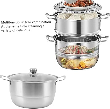 Stainless Steel Steam Pot, Multipurpose Thickened Multi Layer Saucepan with Steamer Basket, Glass Lid, Kitchen Cookware Steaming Pot for Induction Electric, Gas Stove (Double