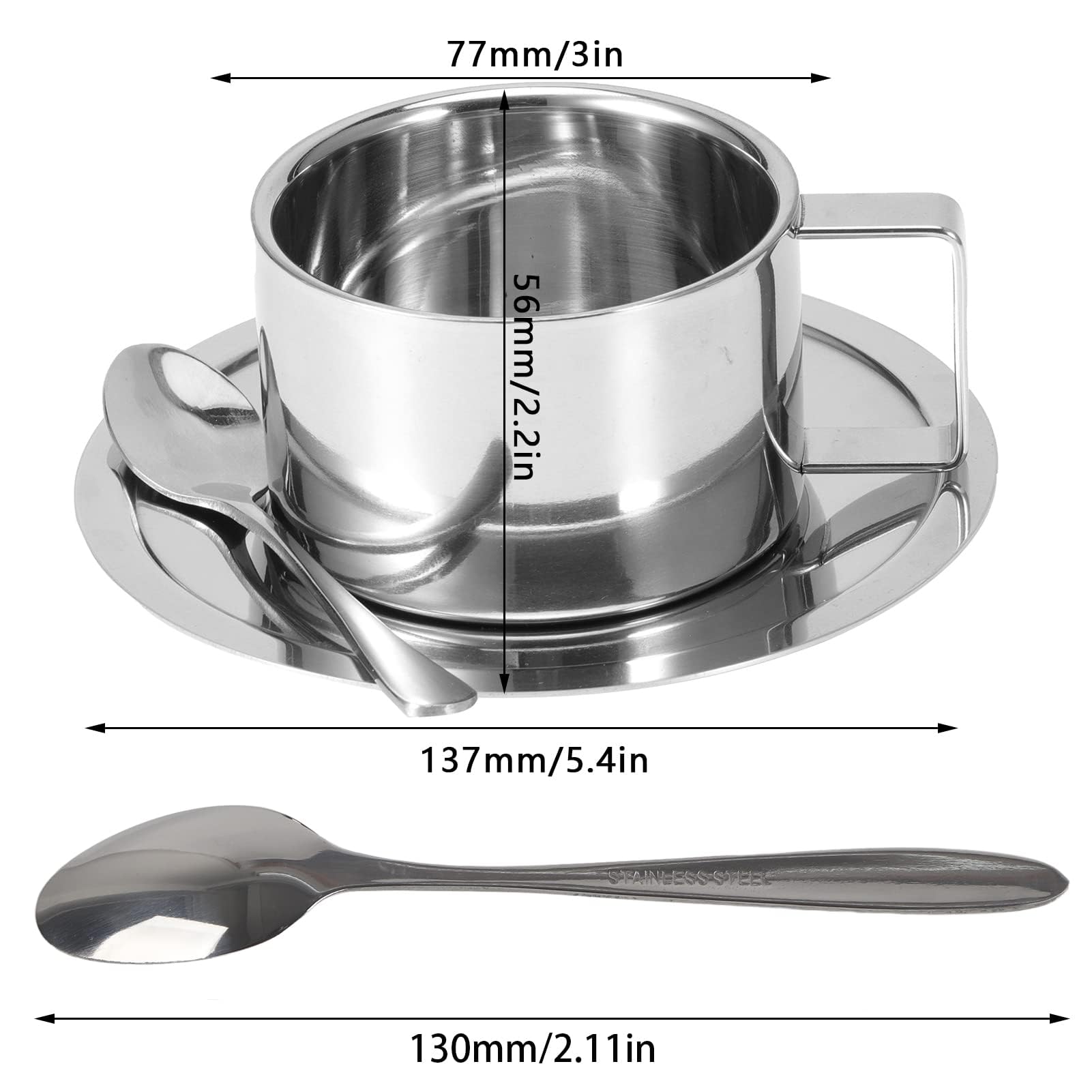Juego de Tazas de Café Acero Inoxidable, 3 Piezas/Juego Tazas Café Espresso Aisladas, Taza Doble Pared con Asa Té Leche con Platillo Cuchara para Cafés Latte Té Leche (4 Juego)