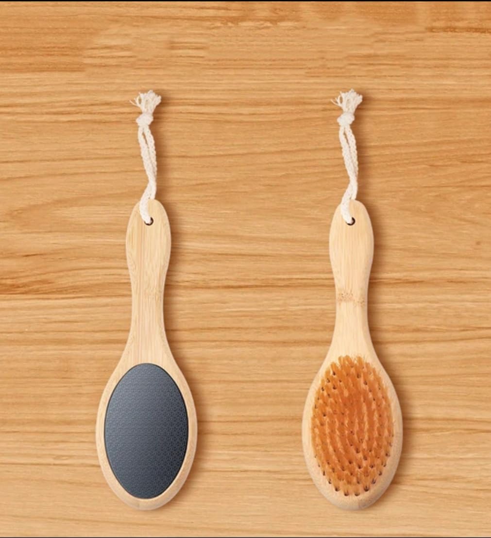 Red Square Dual-Sided Bamboo Foot Scrubber Natural Exfoliating Brush and Callus Removal foot care and pedicure with Eco-friendly Wooden handle Design-image-7