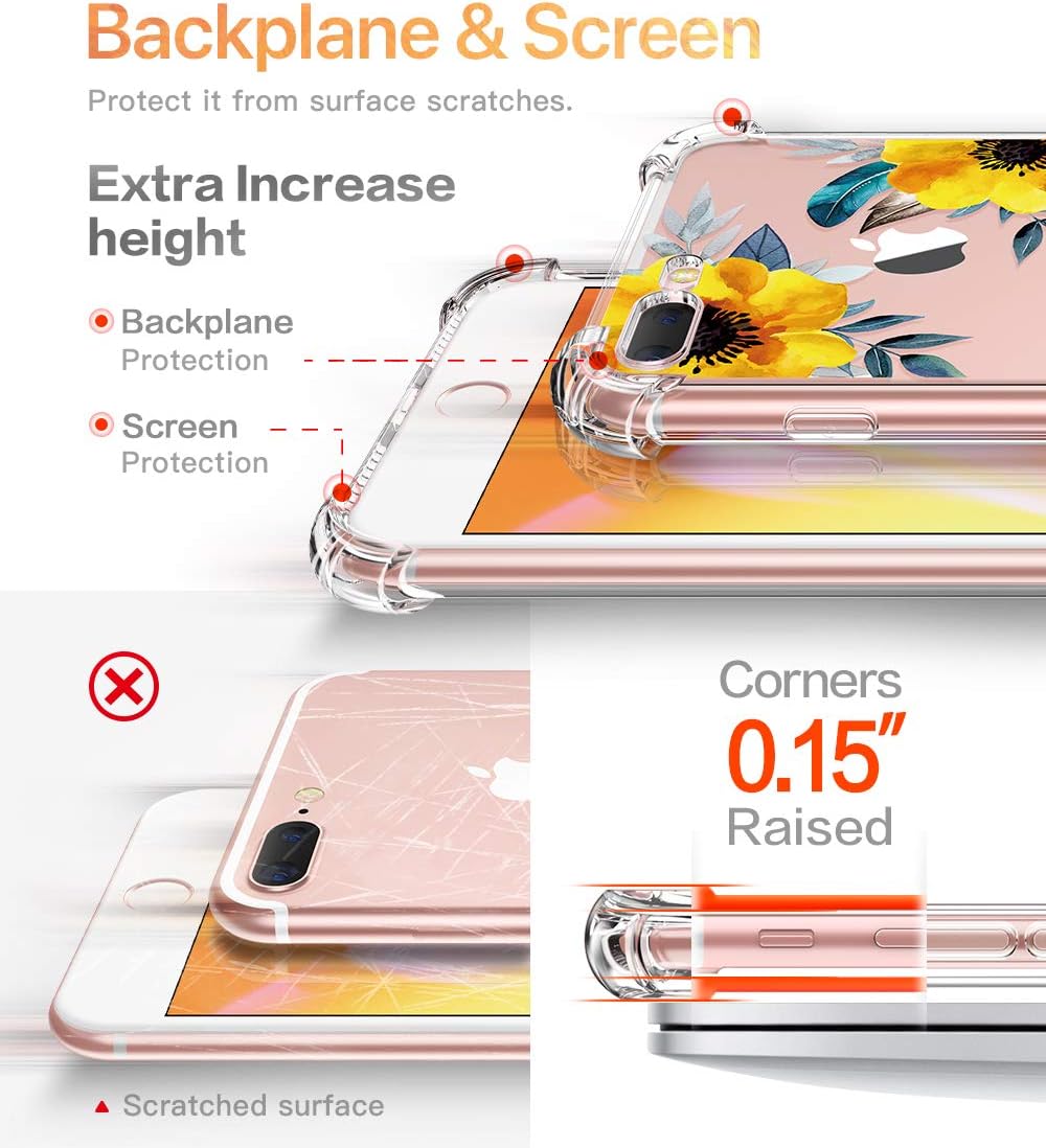 GVIEWIN Clear Case for iPhone 8 Plus/7 Plus, Flower Pattern Design Soft & Flexible TPU Ultra-Thin Shockproof Transparent Floral Cover, Cases for iPhone 7 Plus/8 Plus 5.5 Inch, Sunflowers/Yellow