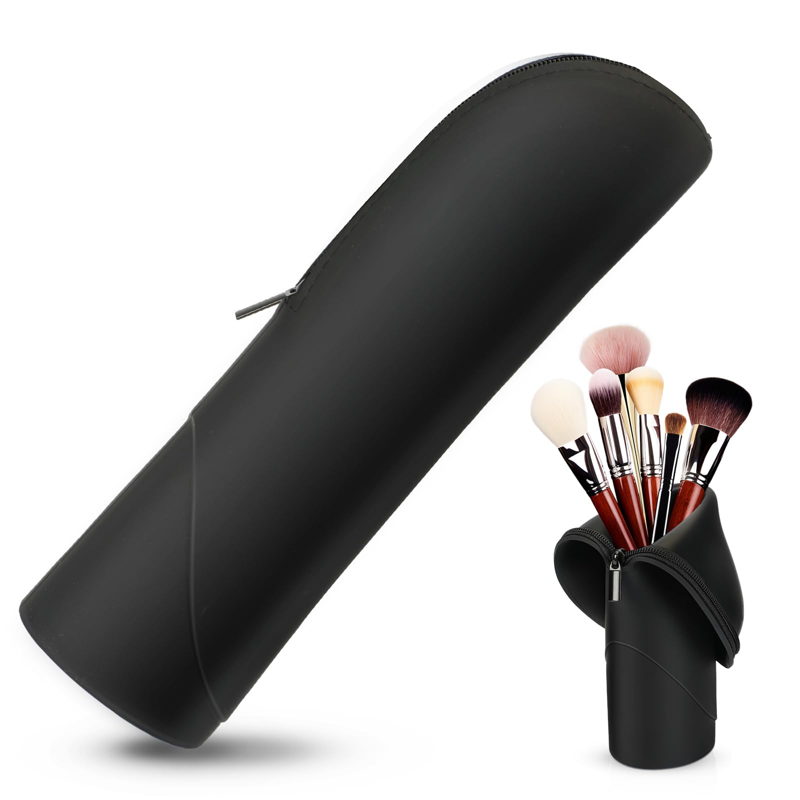 Silicone Makeup Brush Bag Cosmetic Brush Holder with Zipper Closure Anti-Fall Out – Portable Foldable Waterproof Small Storage Bag for Travel Home Daily