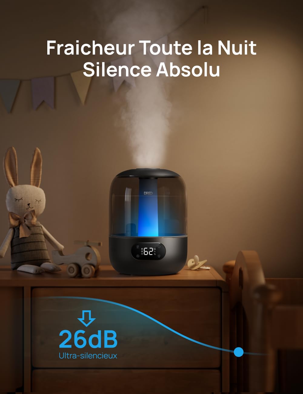 Dreo 3L Humidificateur Bébé Silencieux 26dB avec Capteur d’Humidité, Brume Fraîche Ultrasonique, Buse 360°, 30H Autonomie, Diffuseur d’Huiles Essentielles, Lumière d’Ambiance, pour Plantes, Noir