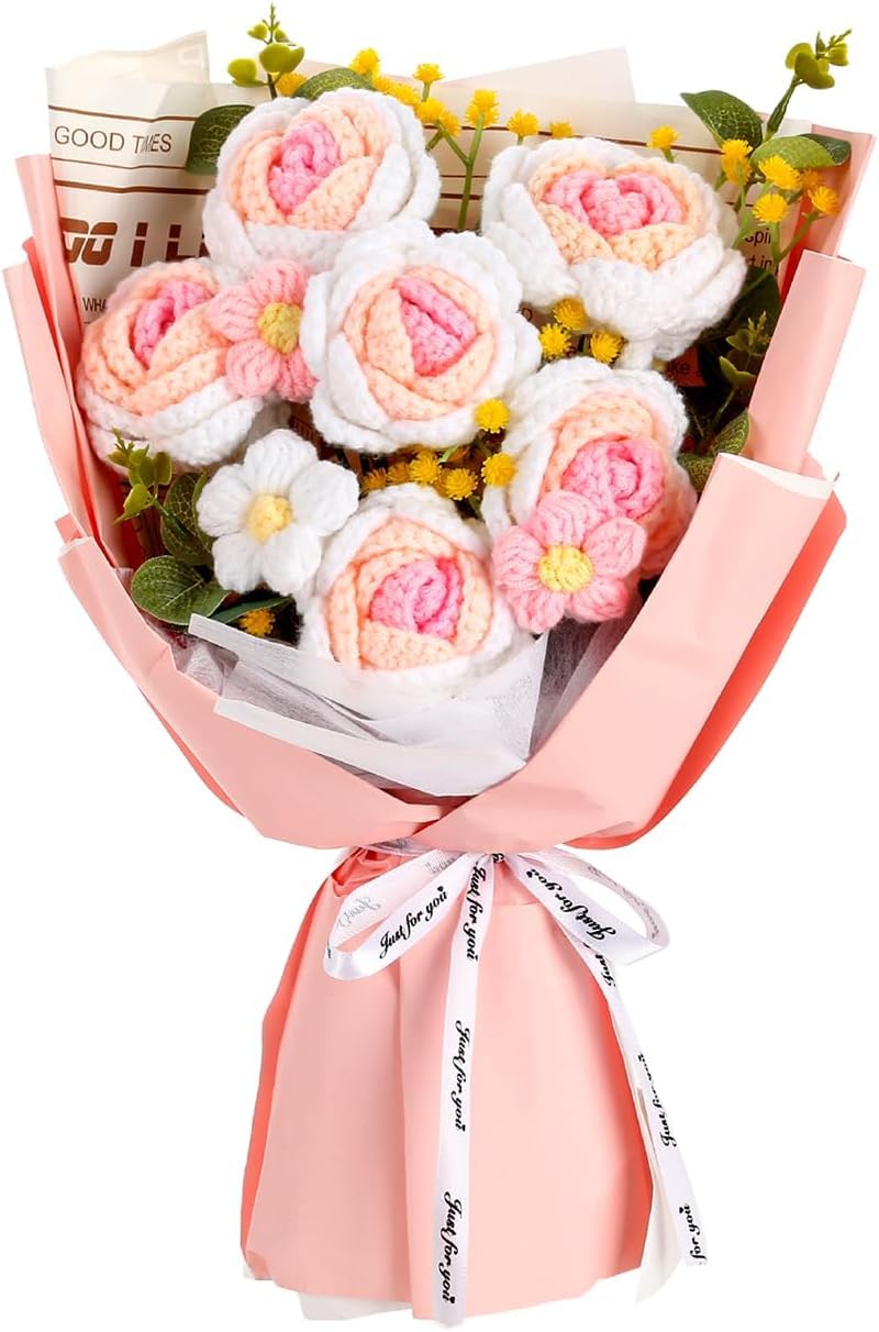 NALACAL Crochet Flower Bouquet, 6 Handmade Crochet Flowers, Graduation Flower Bouquet, Knitted Bouquet, Roses, Preserved Flower for Mother's Day, Valentine's Day, Birthday (Pink)