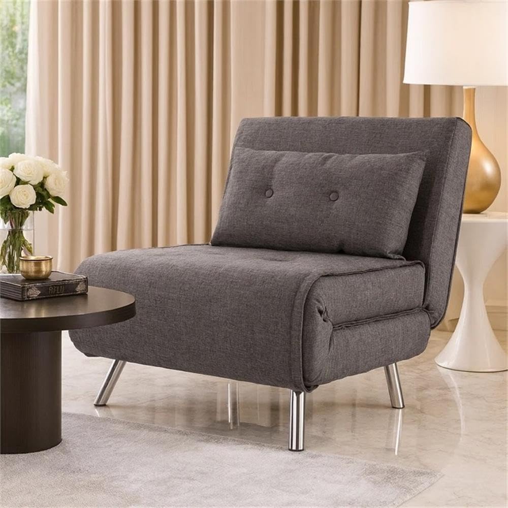 Pemberly Row 35" Convertible Velvet Sofa Futon Bed, Gray Upholstery, Lumbar Pillow with Button Tufting, Durable Wood Frame, Angled Metal Legs, Compact Sleeper for Living Room or Small Spaces