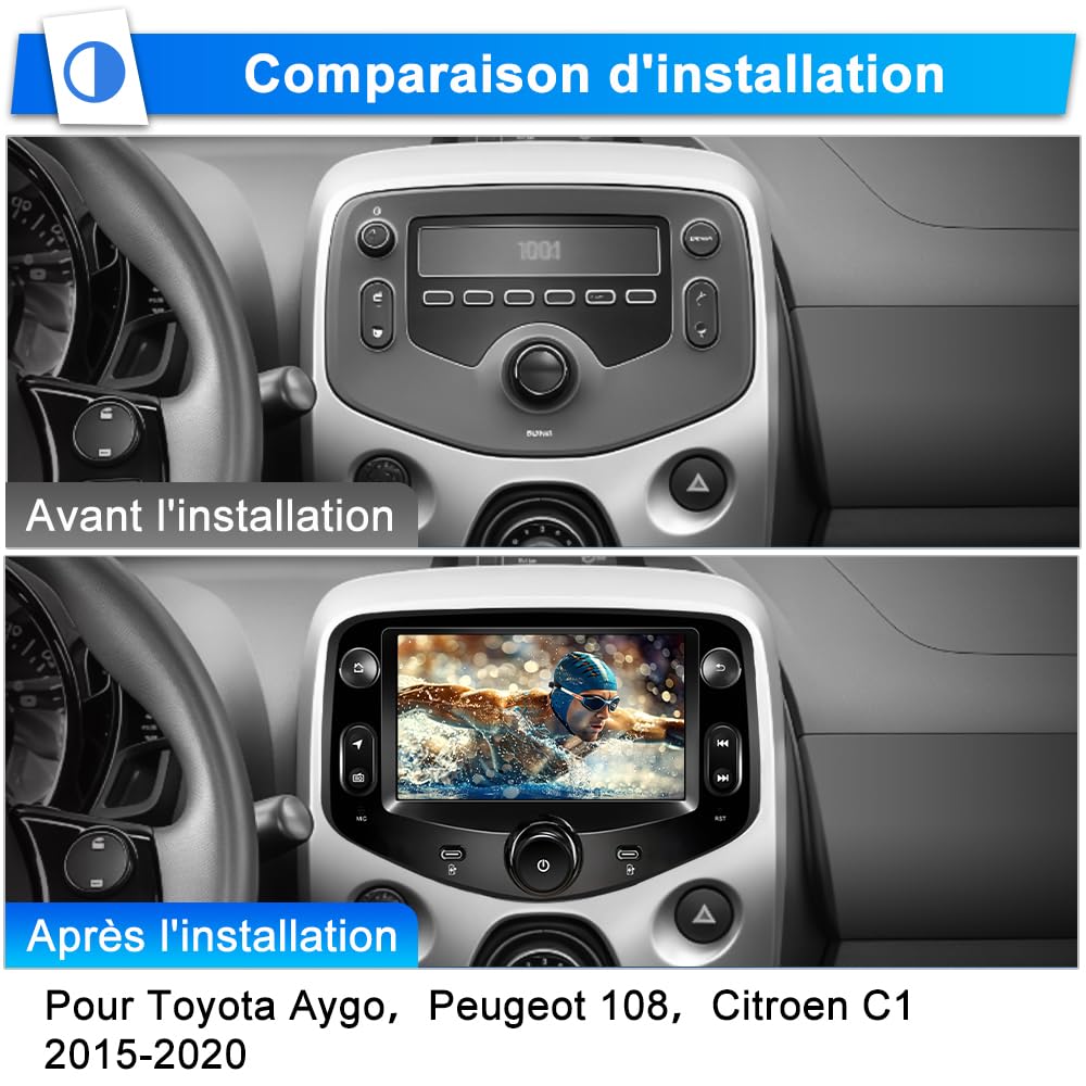 AWESAFE Autoradio Android 15 pour Toyota Aygo/Peugeot 108/ Citroën C1 (2015-2020), Écran 7 Pouces 2Go+64Go, CarPlay & Android Auto, GPS WiFi Bluetooth, Commandes au Volant, Caméra de Recul Incluse