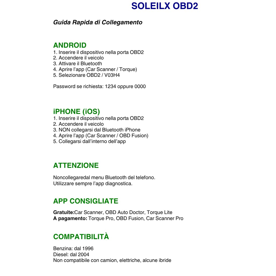 OBD2 Bluetooth soleilx, Scanner Diagnostico Auto Multimarca, Lettore per Diagnosi Veicoli Compatibile con iOS Android Windows