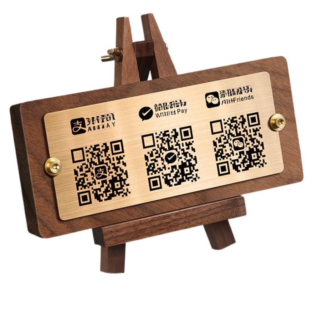 hadefa Custom QR Code Payment Sign – Walnut Wood Desktop Display Stand for Cashier Counter, Checkout Table, or Reception – Personalized Scan to Pay Card Holder (3 QR Codes)