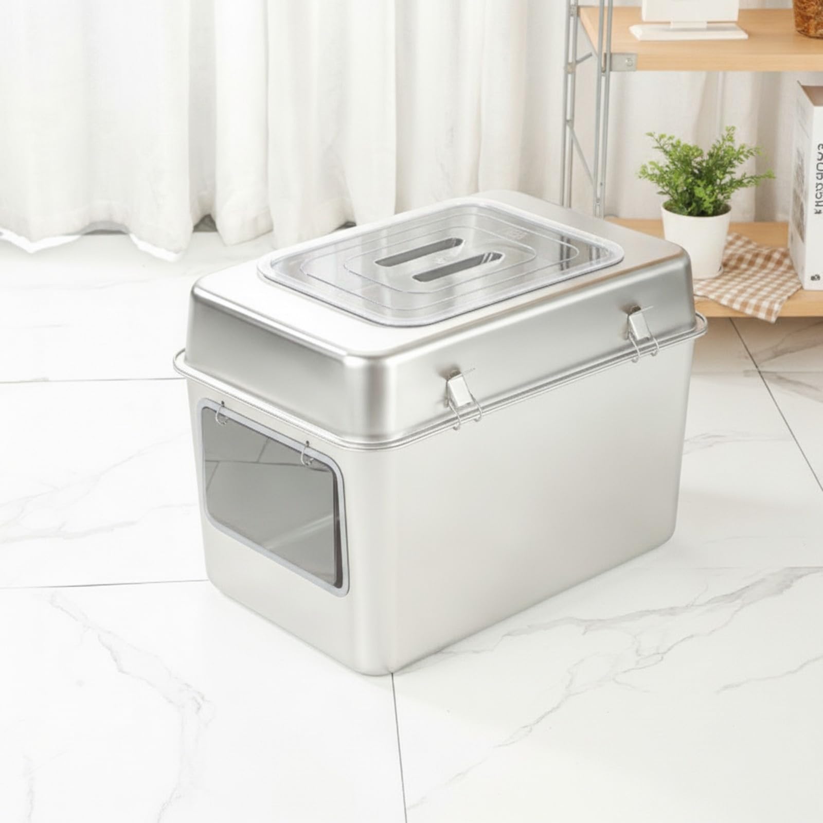 KESOTO Lettiera in Acciaio Inox | Adesivi Antiscivolo Inclusi, Lettiera in Acciaio Inox con Coperchio, per Casa, Appartamento, Apertura Laterale