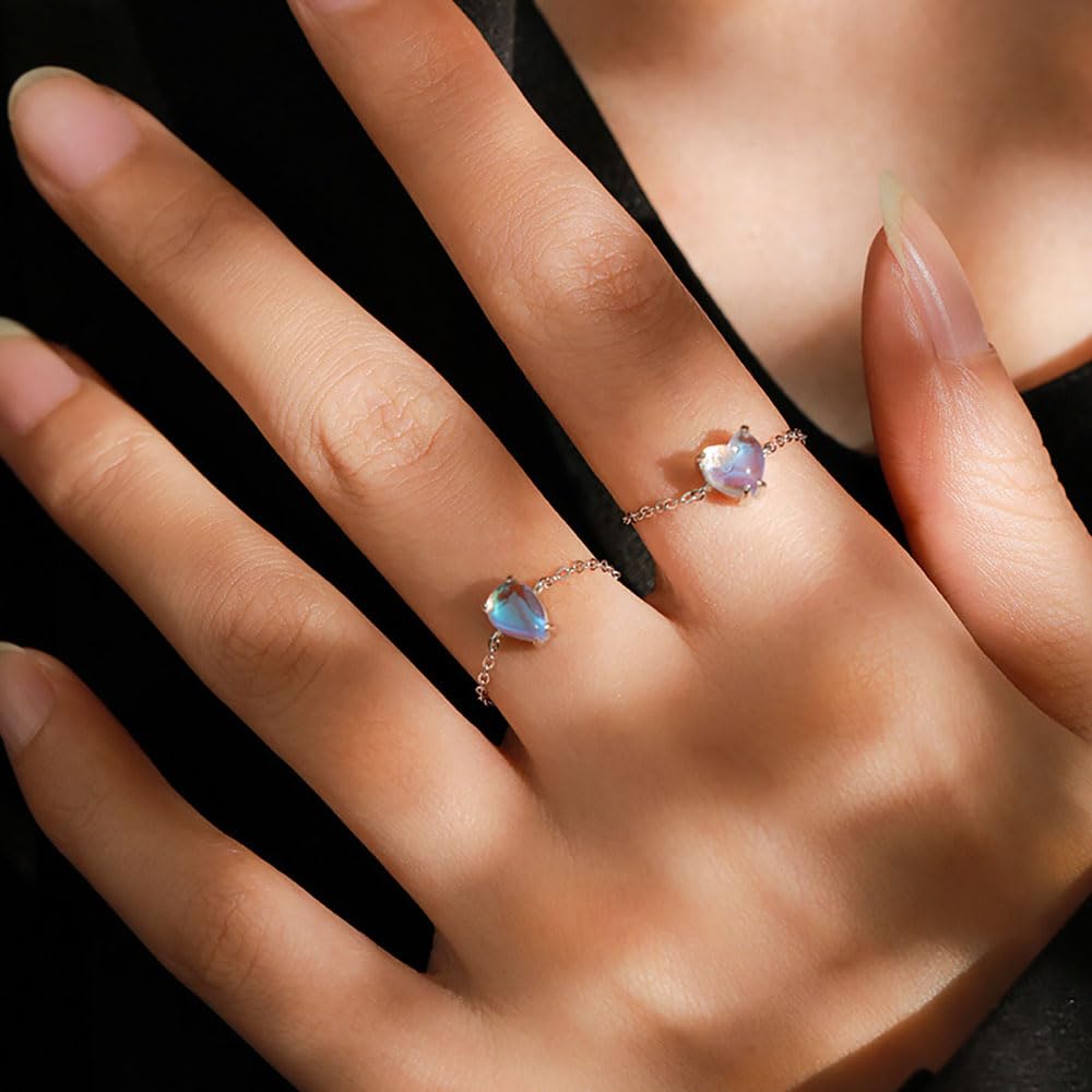Anillo de corazón de piedra lunar para mujer, cadena de eslabones de lágrima de cristal, anillos apilables, anillos de compromiso y promesa, bola colgante ajustable, Cristal, Zirconia cúbica 2