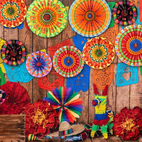 Image of Outus Mexican Fiesta Hanging Paper Fans Decorations | Fiesta Party Supplies Cinco De Mayo Ceiling Wall Decor for Taco Tuesday Event Decor Luau Event Photo Prop Carnival Supplies