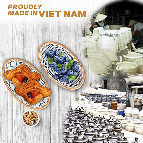 Gaiamade Set Of 4 8" Oval Ceramic Rattan Woven Plates, Rattan Decorative Ceramic Dish Set, Easy To Clean And Lightweight Serving Ceramic Plates For Sushi, Snack, Dessert, Hand-Woven Rattan Plate #TOP4