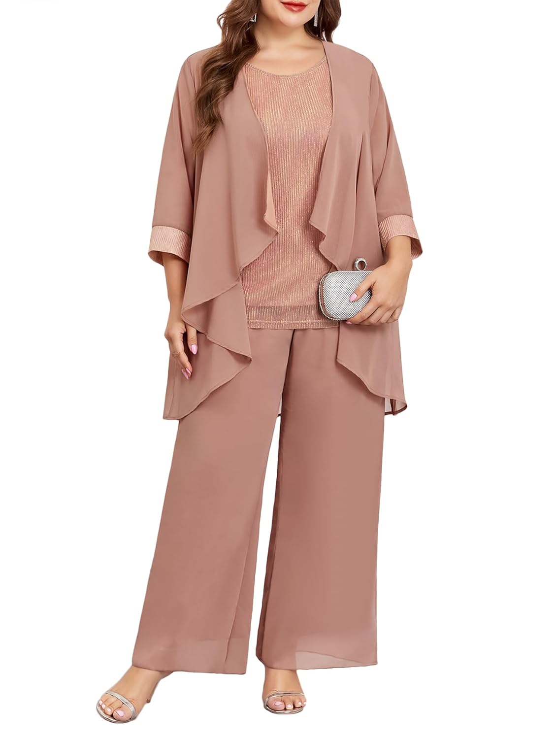 Plus Size 3 Piece Formal Pantsuit Mother of The Bride Groom Sets with Chiffon Jacket Sparkly Wedding Cocktail