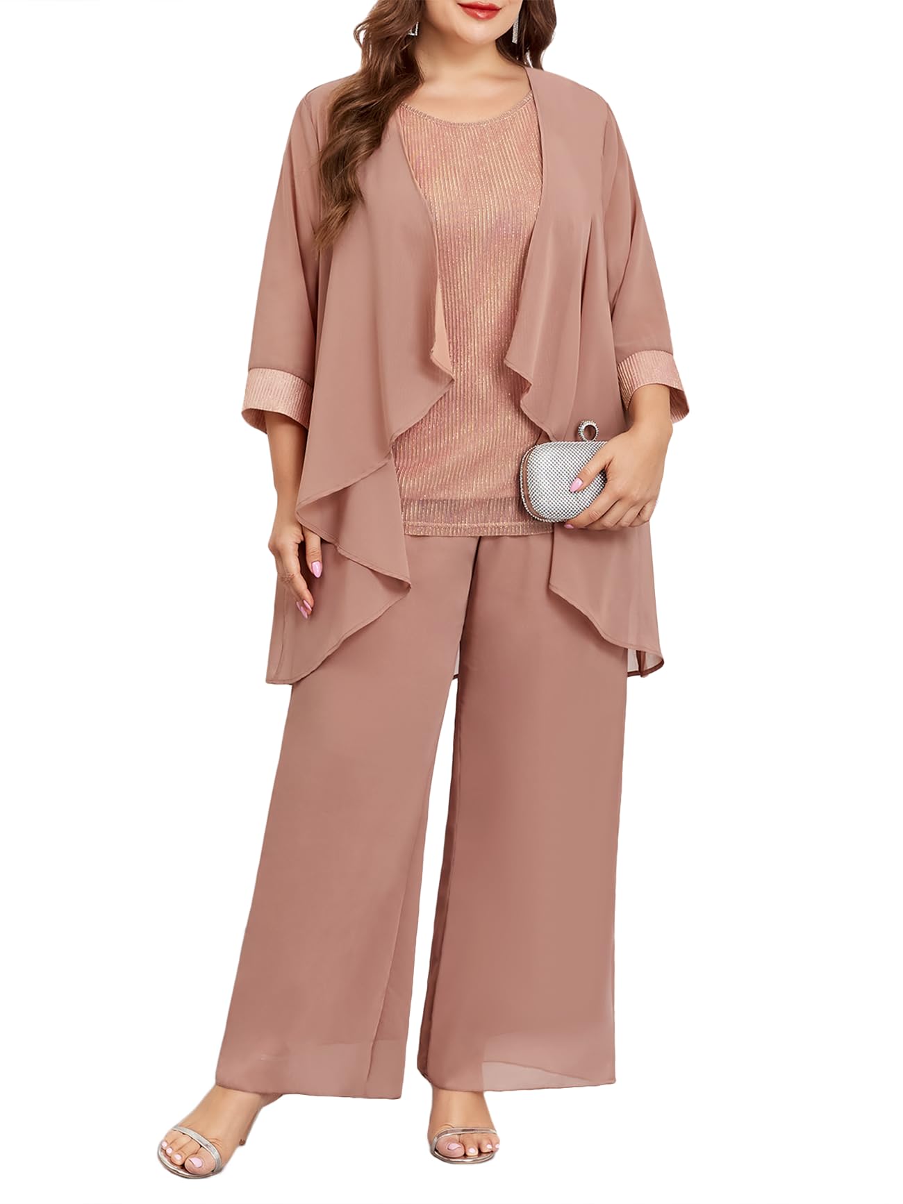 Plus Size 3 Piece Formal Pantsuit Mother of The Bride Groom Sets with Chiffon Jacket Sparkly Wedding Cocktail