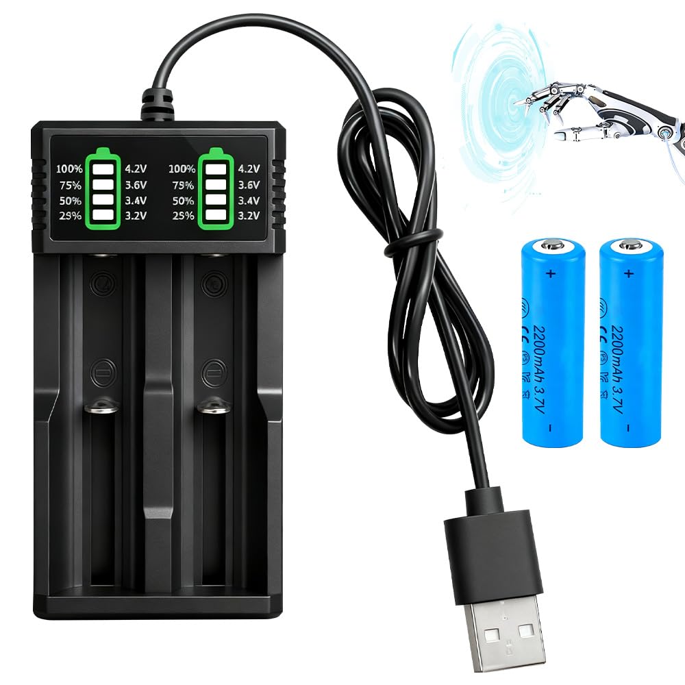 Battery Charger Set with 2 Pack 3.7V 2200mAh Battery Button Top Li-ion, 2-Bay 3.7V, Li-ion Rechargeable Batteries for 18500 21700 26650 14500 16340 10440 18650 (2 Pack) — view 7