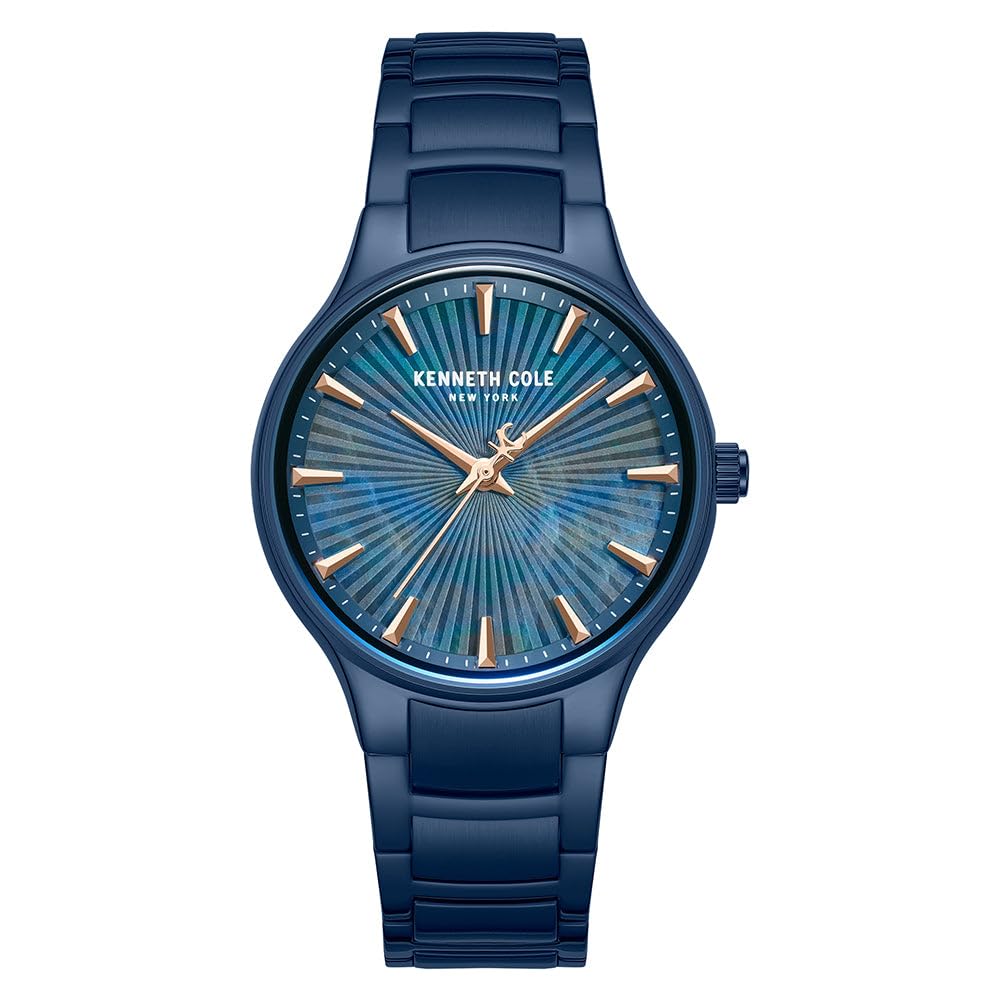 Kenneth Cole New York Reloj clásico para mujer, colección Monroe, esfera de nácar texturizada azul, caja azul y pulsera de acero inoxidable, reloj de vestir minimalista