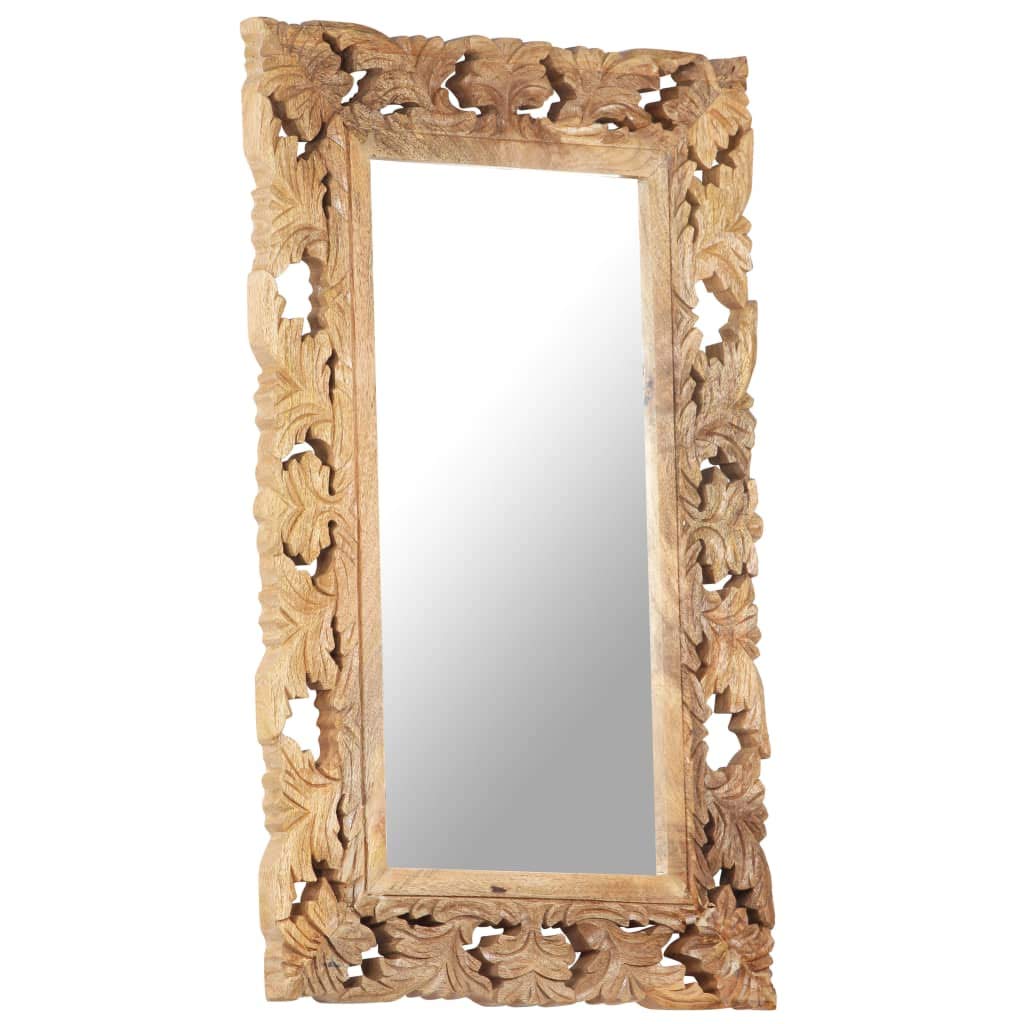 Espejo tallado a mano marrón de madera maciza de mango 80 x 50 cm con acabado natural para salón, baño, pasillo, decoración, cosméticos, maquillaje, cuerpo entero