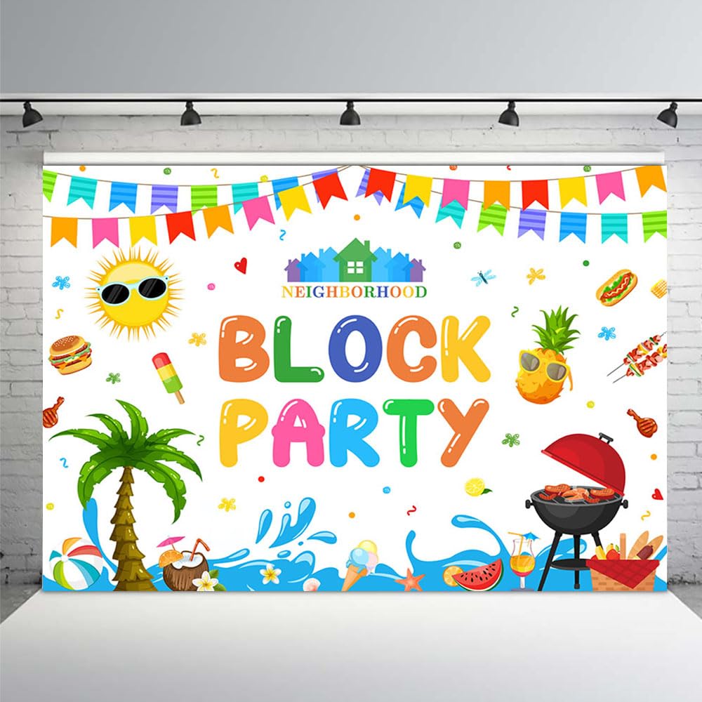 MEHOFOND Summer Neighborhood Block Party Backdrop for Kids Neighbor Family Open House BBQ Picnic Beach Pool Birthday Baby Shower Party Decorations