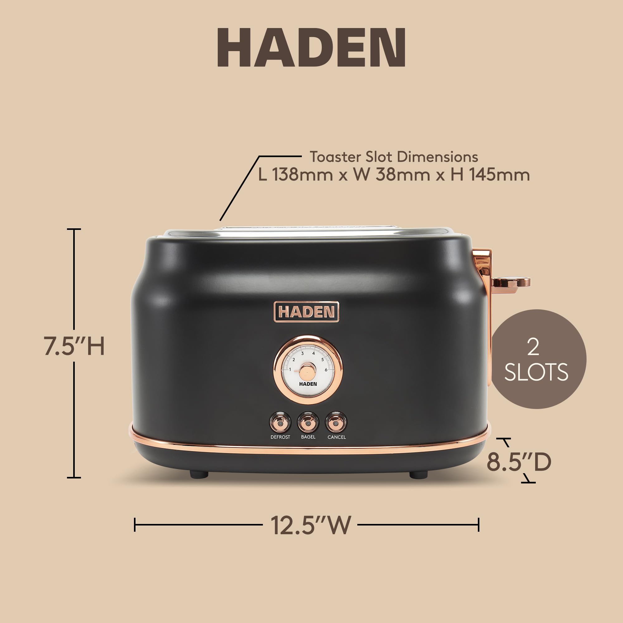 Haden Dorset 2-Slice Wide-Slot Toaster, Stainless-Steel Bread Toaster with Adjustable Browning Control, Crumb Tray & Non-Slip Feet, Black & Copper