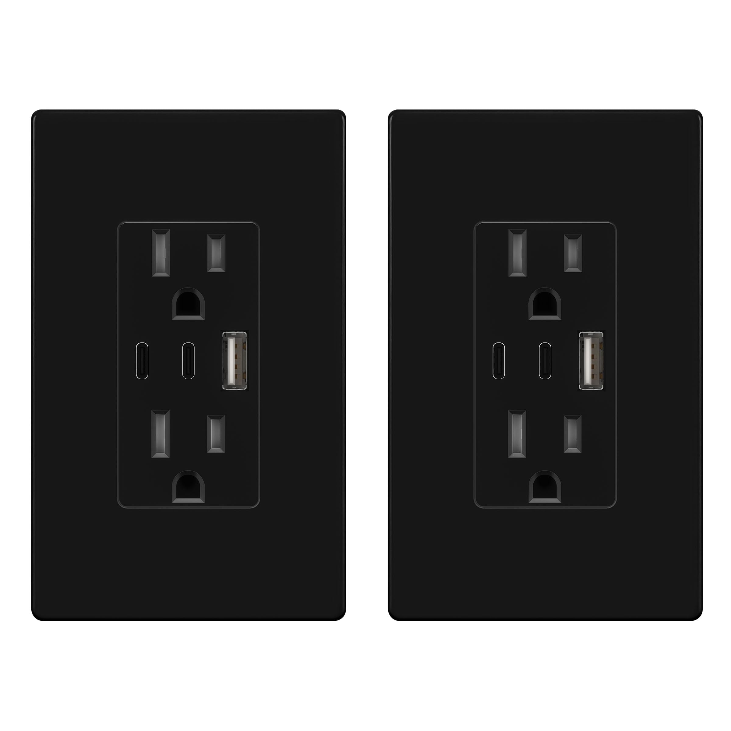 TOPGREENER 4.2A 3-Port Type C USB Outlet, 15 Amp Receptacle Plug, Charging Power Outlet with Dual Type C&A Ports, Screwless Wall Plate Included, UL Listed, Residential Grade, Black, 2 Pack 15 Amp Black 2
