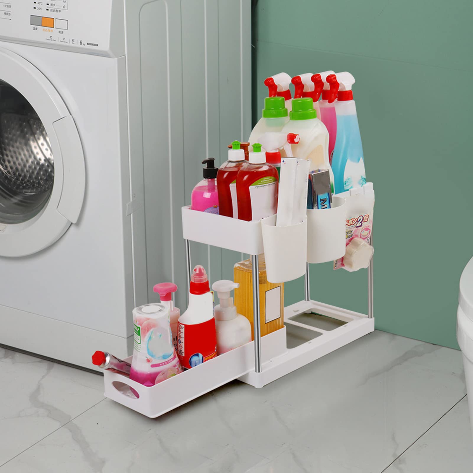 Organizer Estraibile, Scaffale Sotto Il Lavello, Cestelli Portaoggetti Estraibili, Organizer Sotto Il Lavello in ABS, Cassetti Scorrevoli Per Cucina, Bagno, Cosmetici(Bianco)