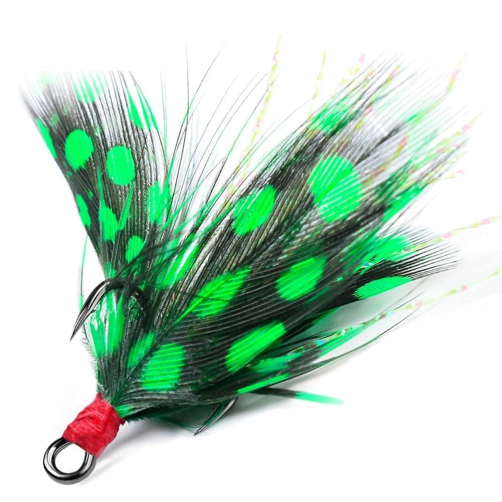 Feather Fishing Hooks, 10Pcs High Carbon Steel Treble Hooks with Barbs for Saltwater Freshwater