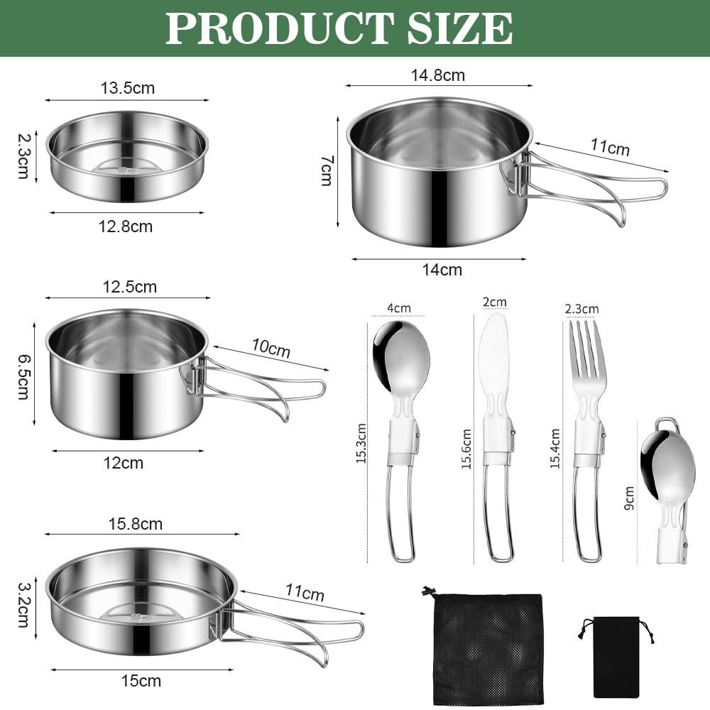 Set di Pentole da Campeggio Acciaio Inox Stoviglie da Campeggio Pieghevole in Acciaio Inox 2-3 Persone con Pentola Padella Posate Piatti Ciotole per Campeggio Trekking Picnic Escursionismo