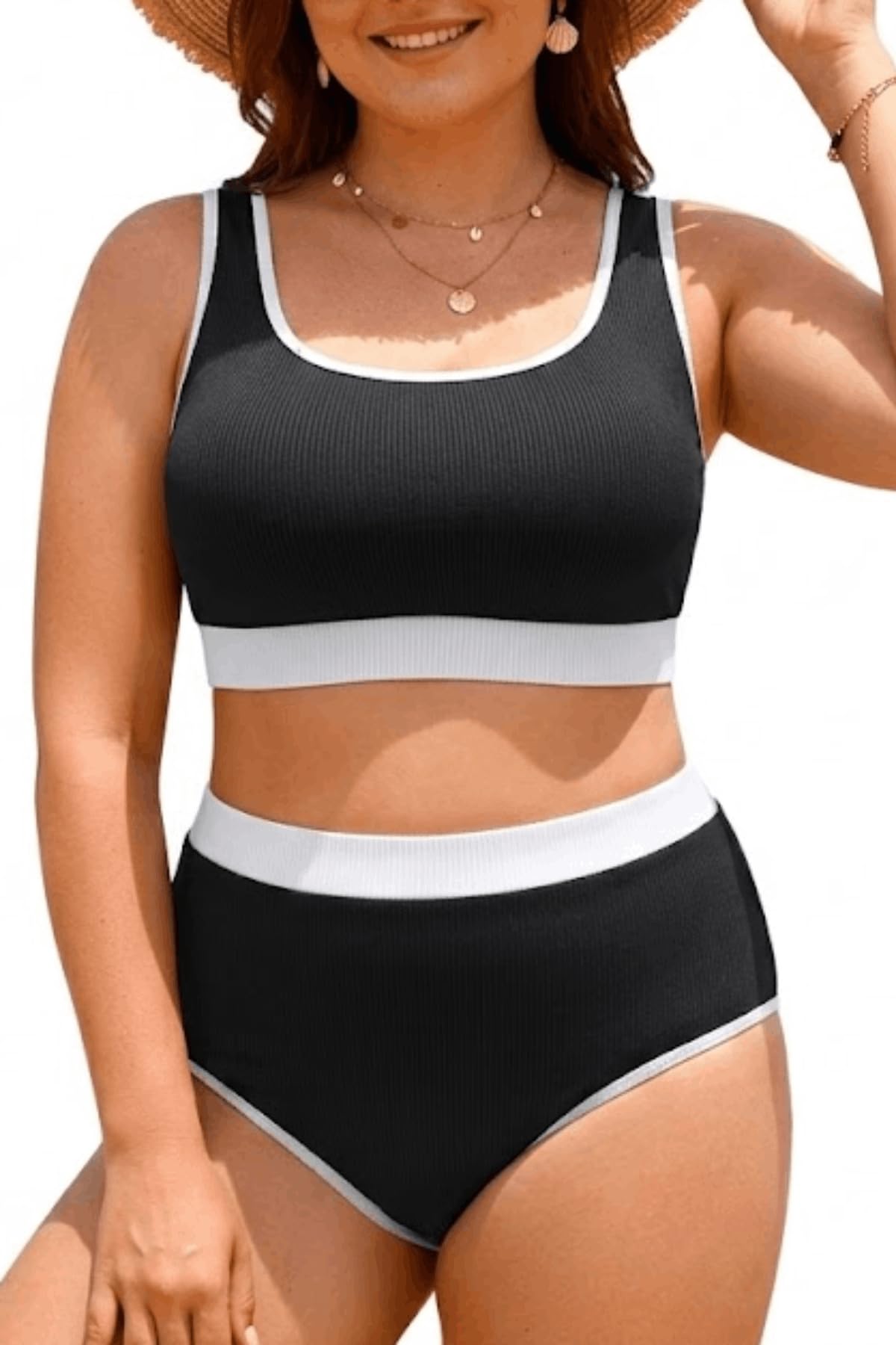 Photo 1 of Tempt Me Women Black White Plus Size High Waisted Bikini Set Two Piece Swimsuit Full Coverage Sporty 2 Piece Bathing Suits 16 Plus