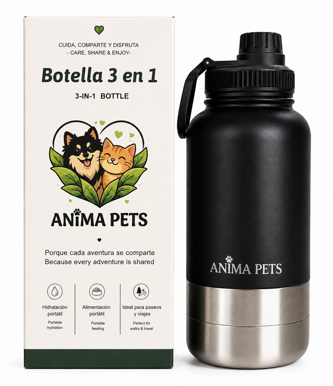 Botella para Perros 3 en 1 | Bebedero y Comedero Portátil | Acero Inoxidable 304 | Botella Térmica 1 L | Mantiene Frío 24 h y Calor 12 h | Ideal para Paseos, Viajes y Senderismo | ANIMA PETS