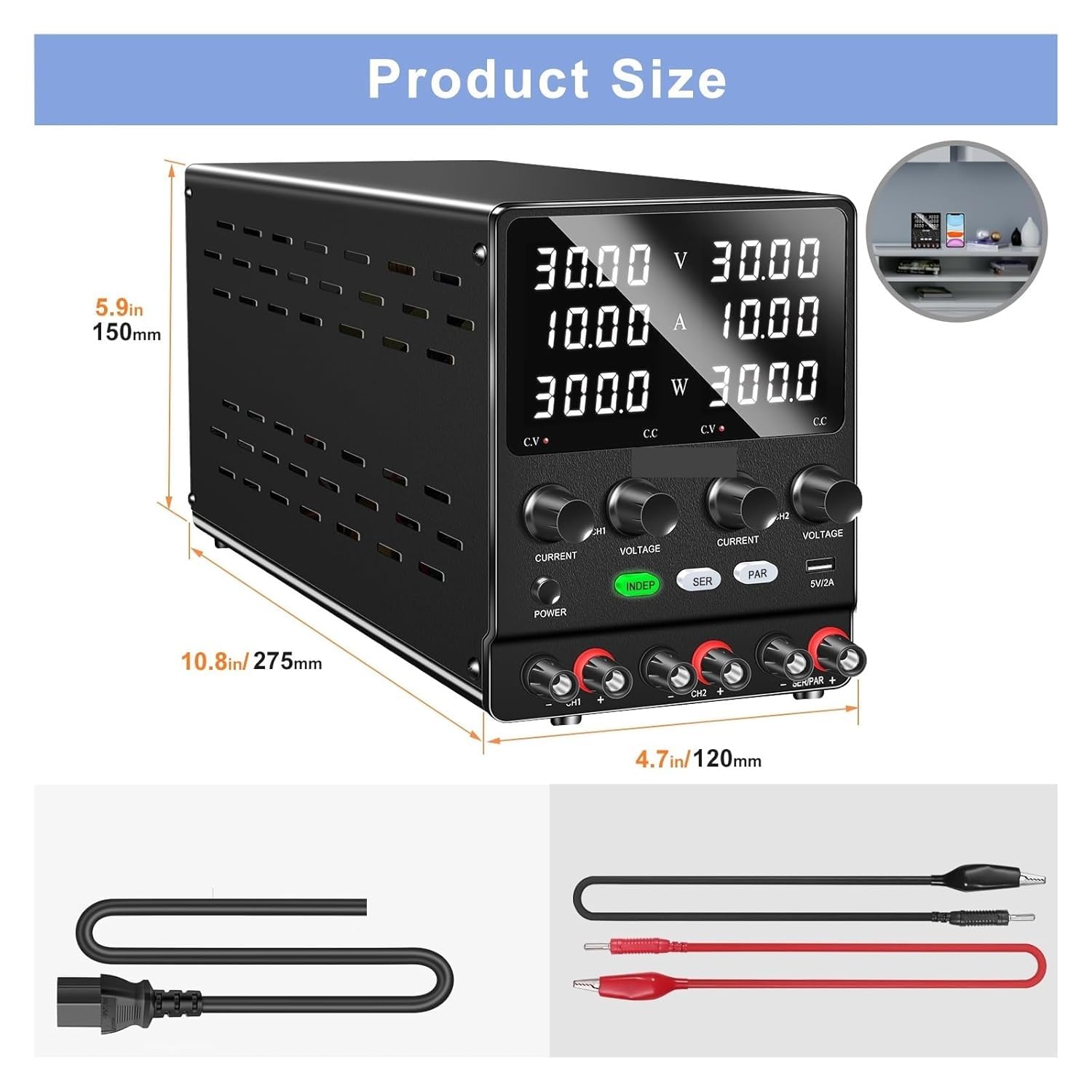 Alimentatore CC a doppio canale 4 in 1 Fonte di alimentazione da banco regolabile 30 V 10 A for la riparazione di telefoni cellulari e l'uso in laboratorio(30V 10A)