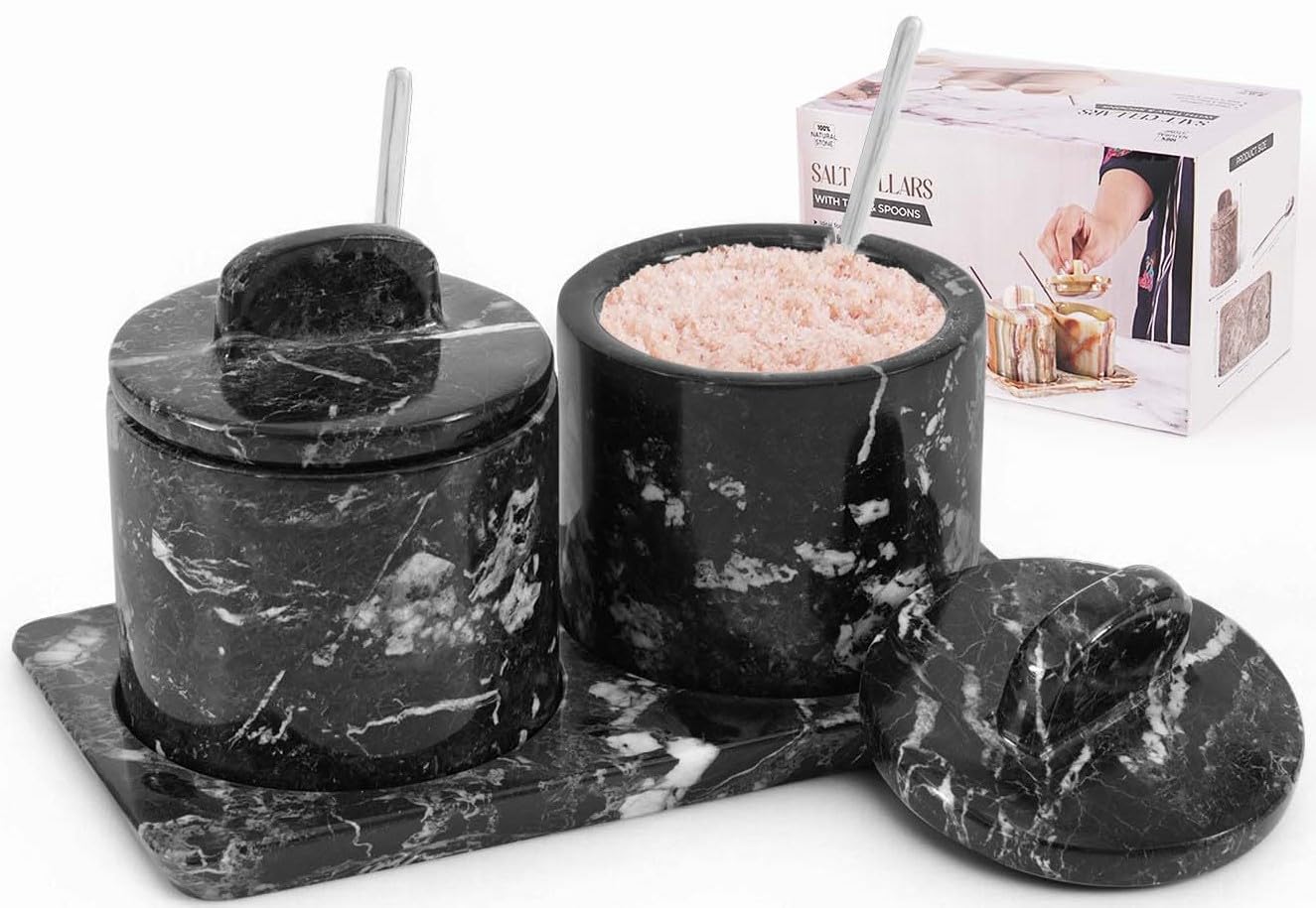 SPESHSTONES Salières avec couvercle et plateau 3” pouces – Contenants à sel faits à la main pour comptoir – Pot à sel avec couvercle pour table de cuisine