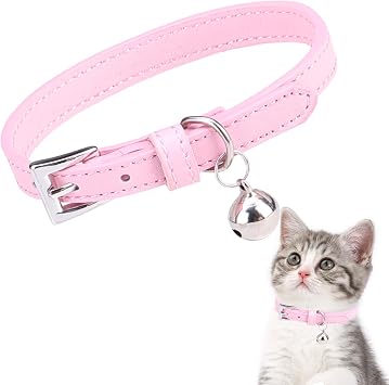 PUPTECK Soft Genuine Leather Cat Kitten Collar with Bells Adjustable for Girl Boy Cats Puppy - Pink