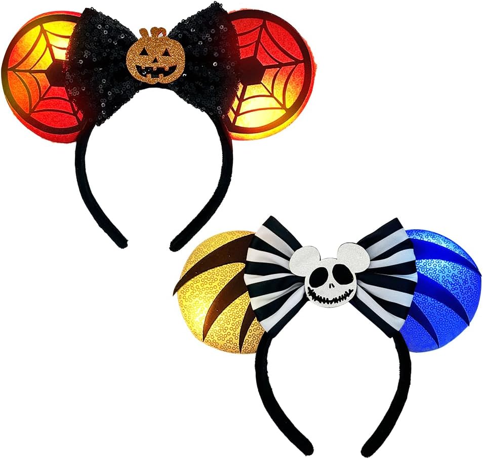 2 PCS Christmas Mouse Ears Headbands with LED Light Sequin Headbands Park Ears for Party Favors Cosplay Accessories Halloween 2 Pack