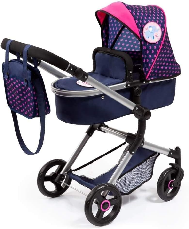 BayerDesign 18454AC Stroller, Doll Combi Pram City Vario with 4 Patches, Changing Bag and Underneath Shopping Basket, Foldable, Swivel Front Wheels, Modern, Blue, Hearts