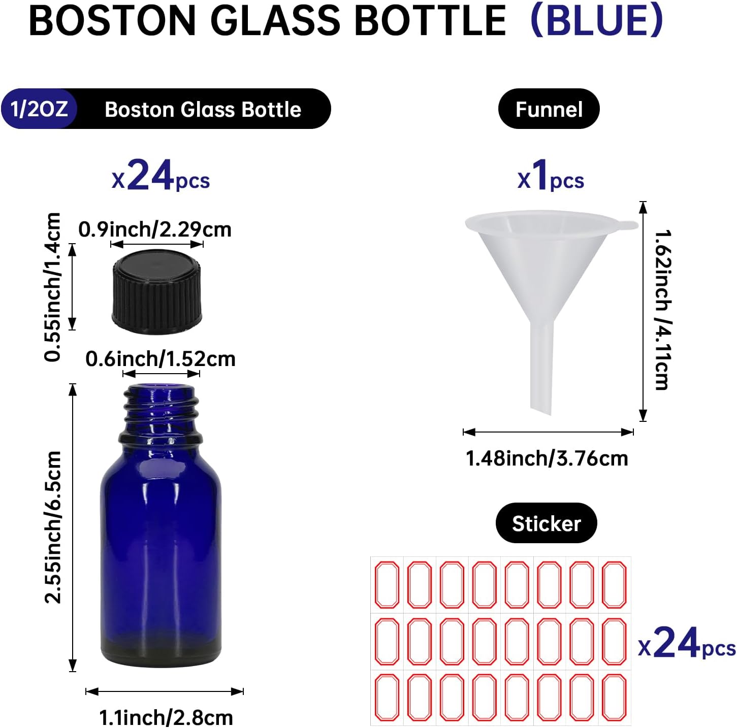 24 PCS 1/2 oz (15 ml) small Boston Glass Bottles with Screw Caps, Mini Glass Essential Oil Bottles with Funnel & Labels, Thick Glass Sample Bottles for Oils, Liquids & Storage (Blue)