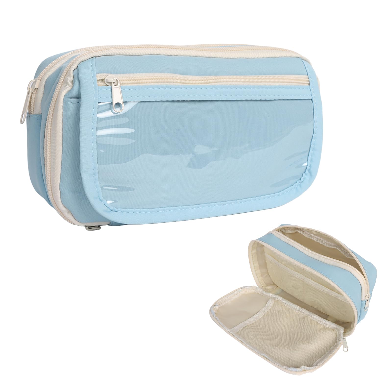 Hittriu Pencil Case Large Capacity with Compartments, 6Pcs Sticky Notes Set, Stationery Organizer for Girls Boys, School Office Daily Use (Light Blue)