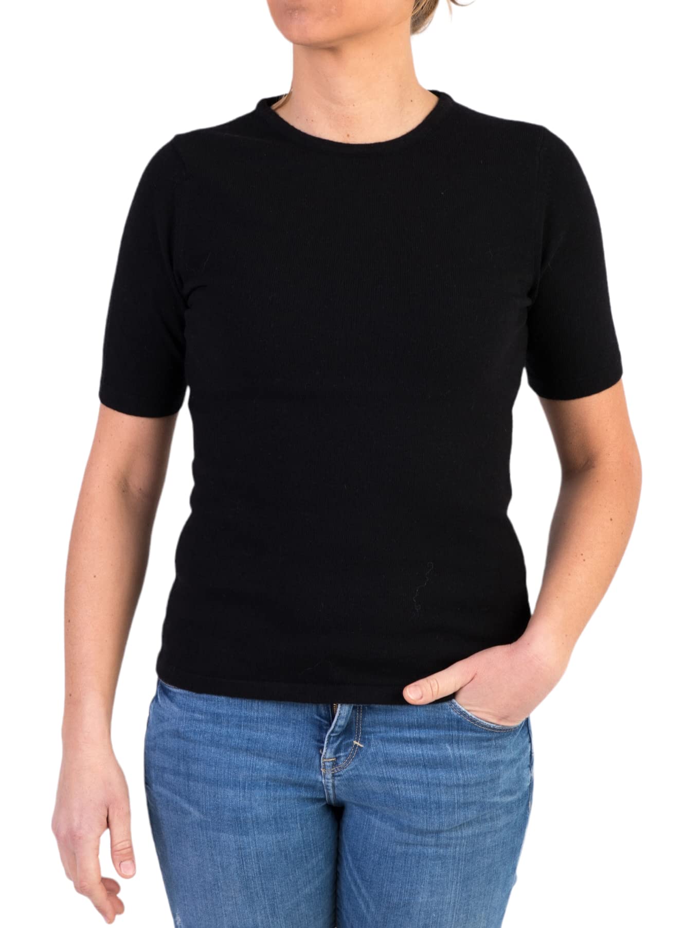 Girocollo Donna Manica Corta Misto Cashmere Seta Made in Italy Maglione Paricollo Pullover Maglia Mezza Manica Lana Merino Cachemire Maglioncino Beige Blu Grigio Regalo Abbigliamento
