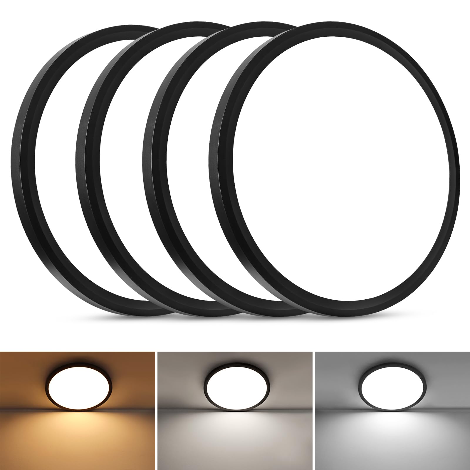 4PACK LED Flush Mount Ceiling Light Fixture,12 Inch Super Slim 24W 2200lm,3 Color Temperature in One 3000k/4000k/6000K Surface Mount Ceiling Light for Bedroom,Kitchen,Dining Room(Black)
