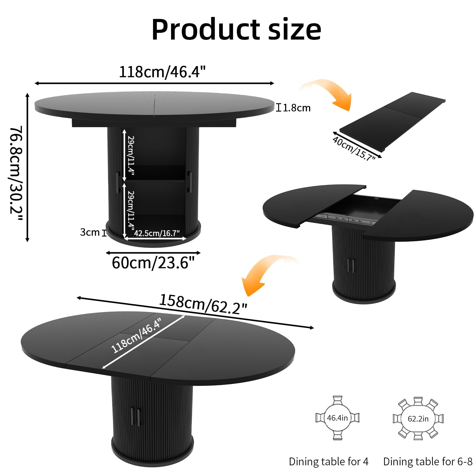 Tavolo da pranzo rotondo allungabile nero per 4-8 persone, 118-158 cm: tavolo da cucina salvaspazio con portabottiglie e base a piedistallo, facile da montare