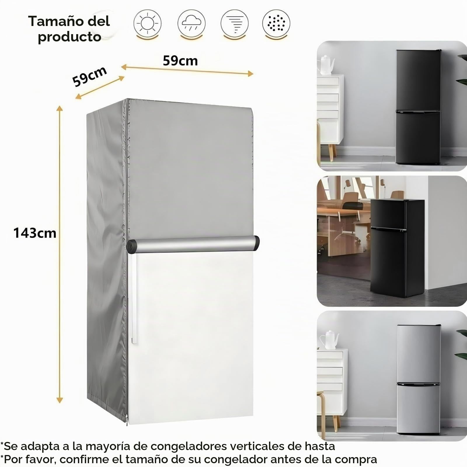 Funda Impermeable para Refrigerador y Congelador Vertical, Tela Oxford 420D - Protección para Refrigeradores de Bebidas y Congeladores Exteriores (Gris, 59 * 59 * 143cm)