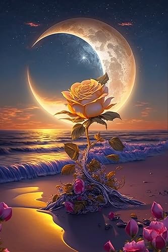 IEFSCAY Kits de pintura de diamantes con rosas de olas de mar, para adultos y niños, hermoso paisaje artístico, pintura de diamantes, playa a luz de